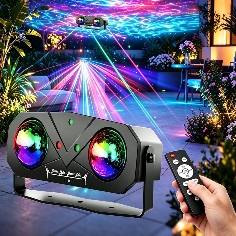 DJ Party Disco Lights, Dual Magic Ball RGB Red Green Blue Laser with Ocean Wave Effect, Sound Activated & Remote Control for KTV