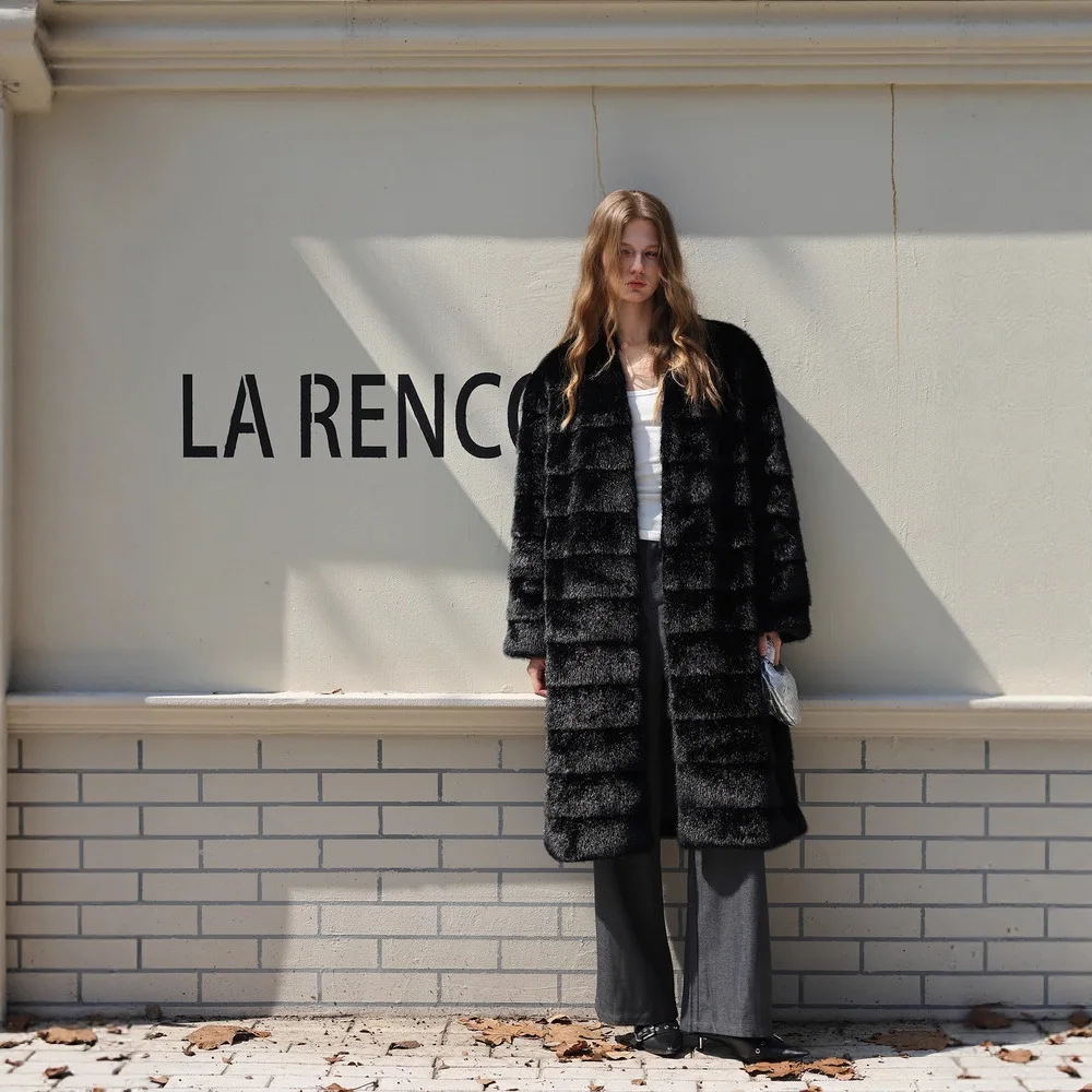 KIDCRKJ الأسود النساء الشتاء تقليد الفراء سترة جولة الرقبة كم كامل شيك سيدة معطف فرو منك مزاجه سيدة معطف فرو طويل #5