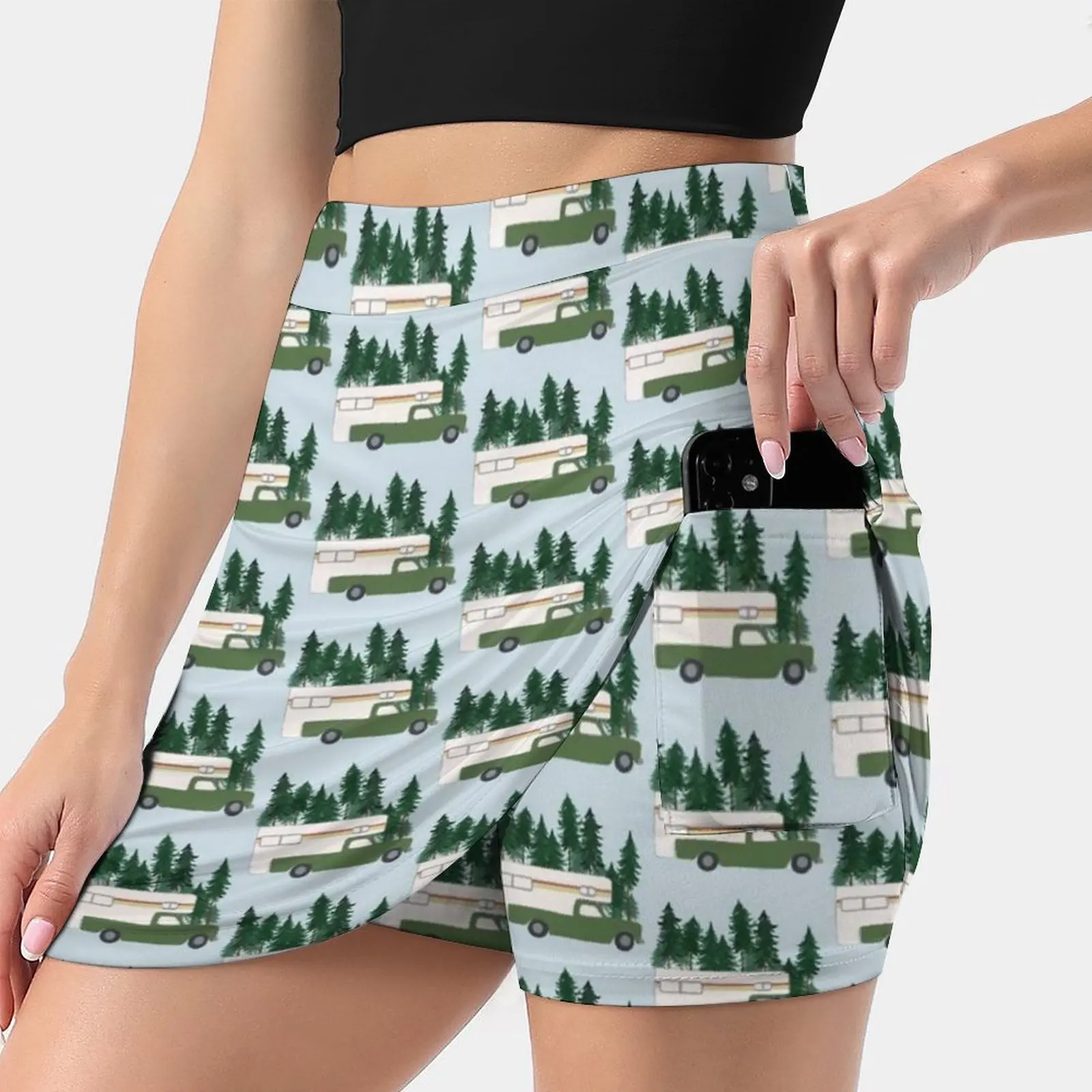 

Vintage Truck Rv Motorhome Green Forest Women's skirt Mini Skirts A Line Skirt With Hide Pocket Truck Pickup Truck Camping