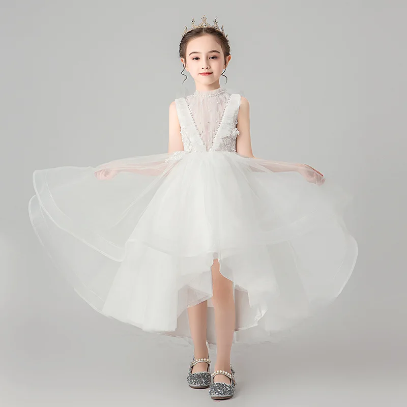 

White Princess Catwalk Puffy Tulle Flower Girl Wedding Dress Child Stylish Children's Host Performance Gown