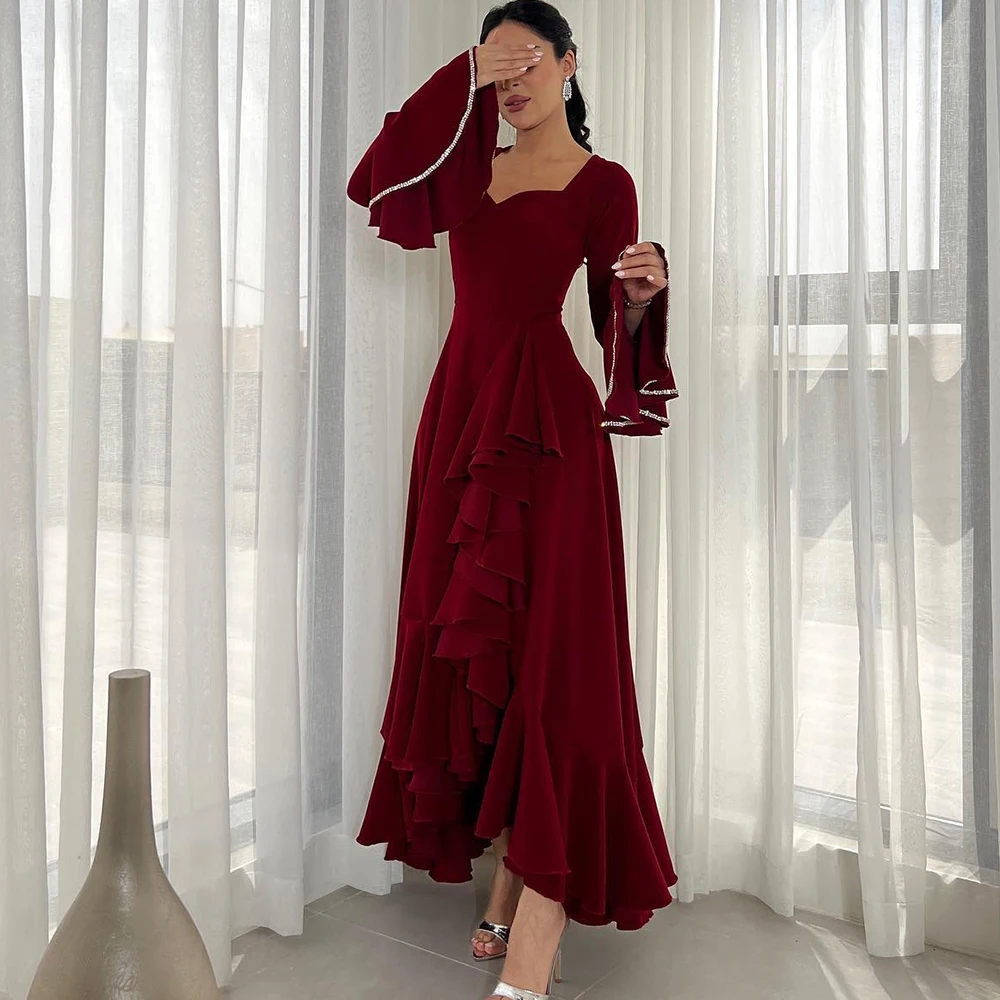 Customized Exquisite Jersey A-Line Flare Sleeves Crystal and Tiered Evening Dress Long Sleeves Strapless Burgundy Prom Dress