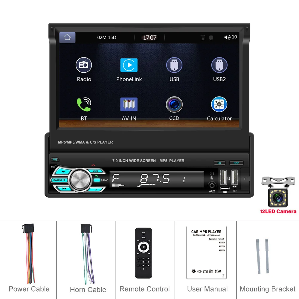 Leekooluu Universele 7 "1din Autoradio Handmatig Intrekbaar Scherm Android Auto Carplay Multimedia Video Mp5 Speler Usb/Sd/AUX-IN - afbeelding 1