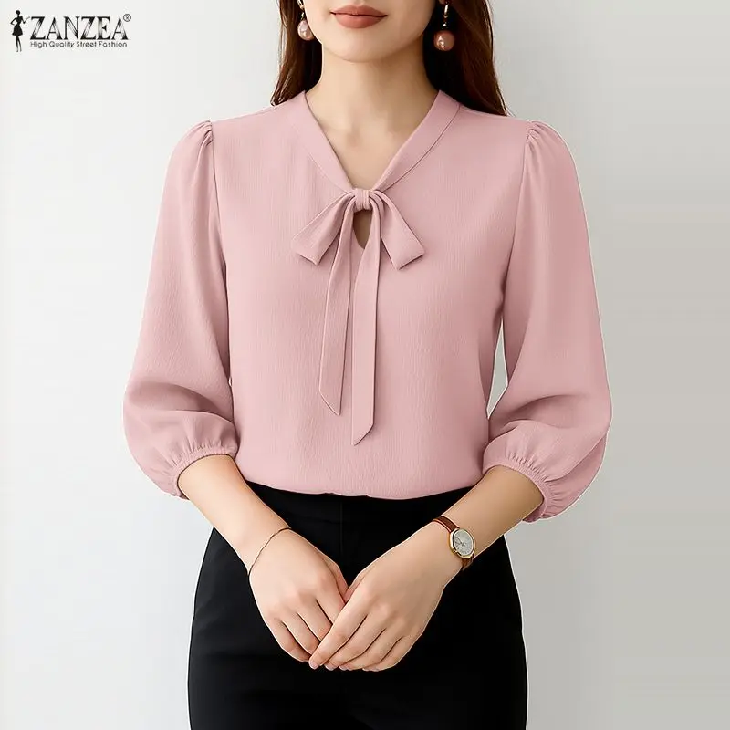

Элегантные минималистичные женские блузки ZANZEA с бантом на шее, рукавами 3/4, пышными рукавами, жатой текстурой, однотонные топы, летние блузки для женщин