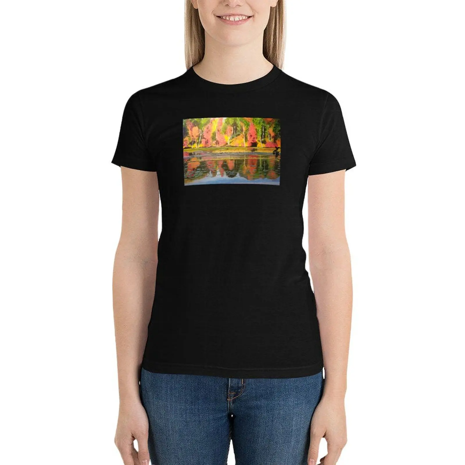 Prints of an Acrylic Painting, Chillin' at McCormick's Pond, by Richard JV Flaim T-Shirt funny clothes for Women