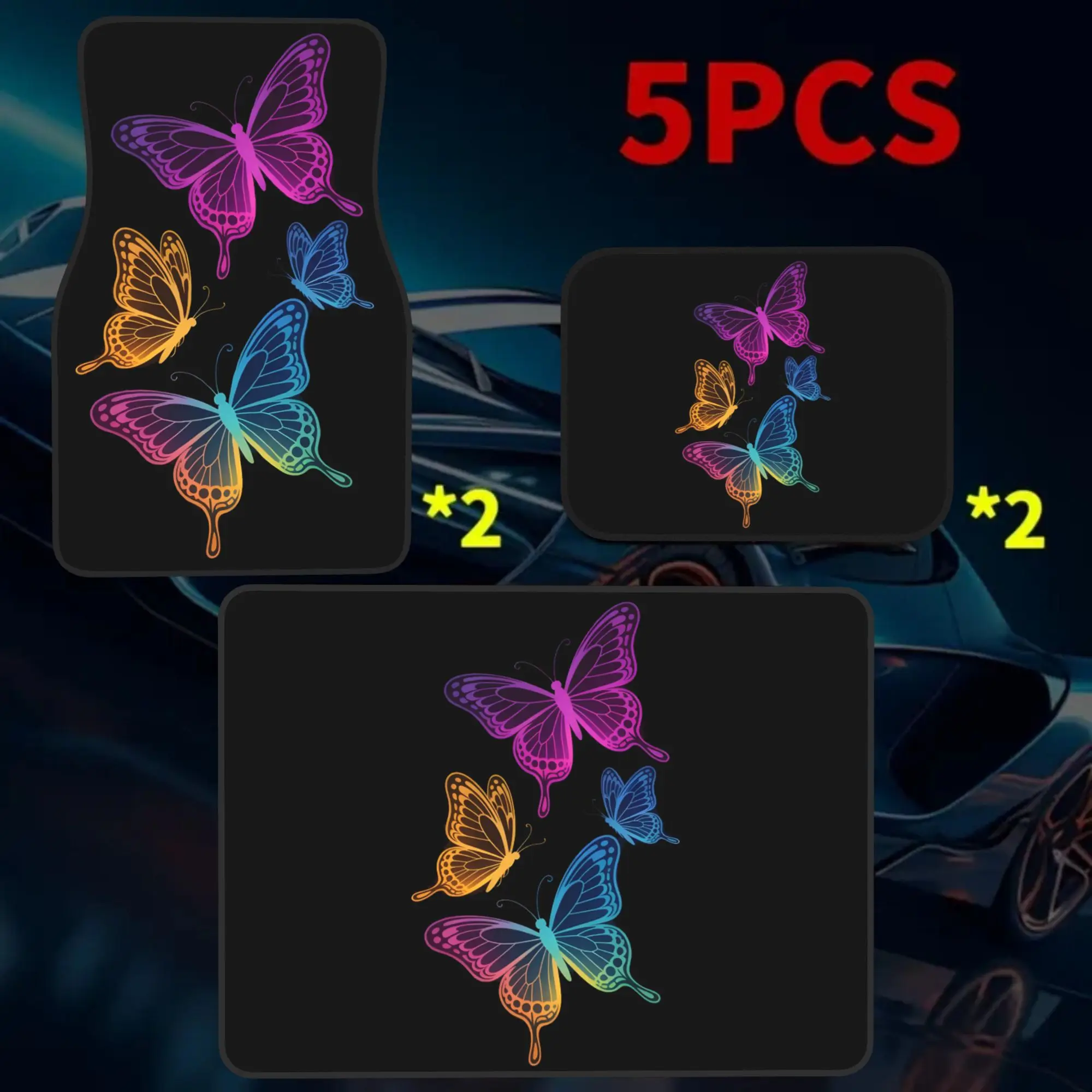 2D Plane 5pcs Gradient Butterfly Print Car Floor Mat | Trunk Liner -5pcs Set (including 4 Floor Mats And 1 Trunk Liner) With Sty