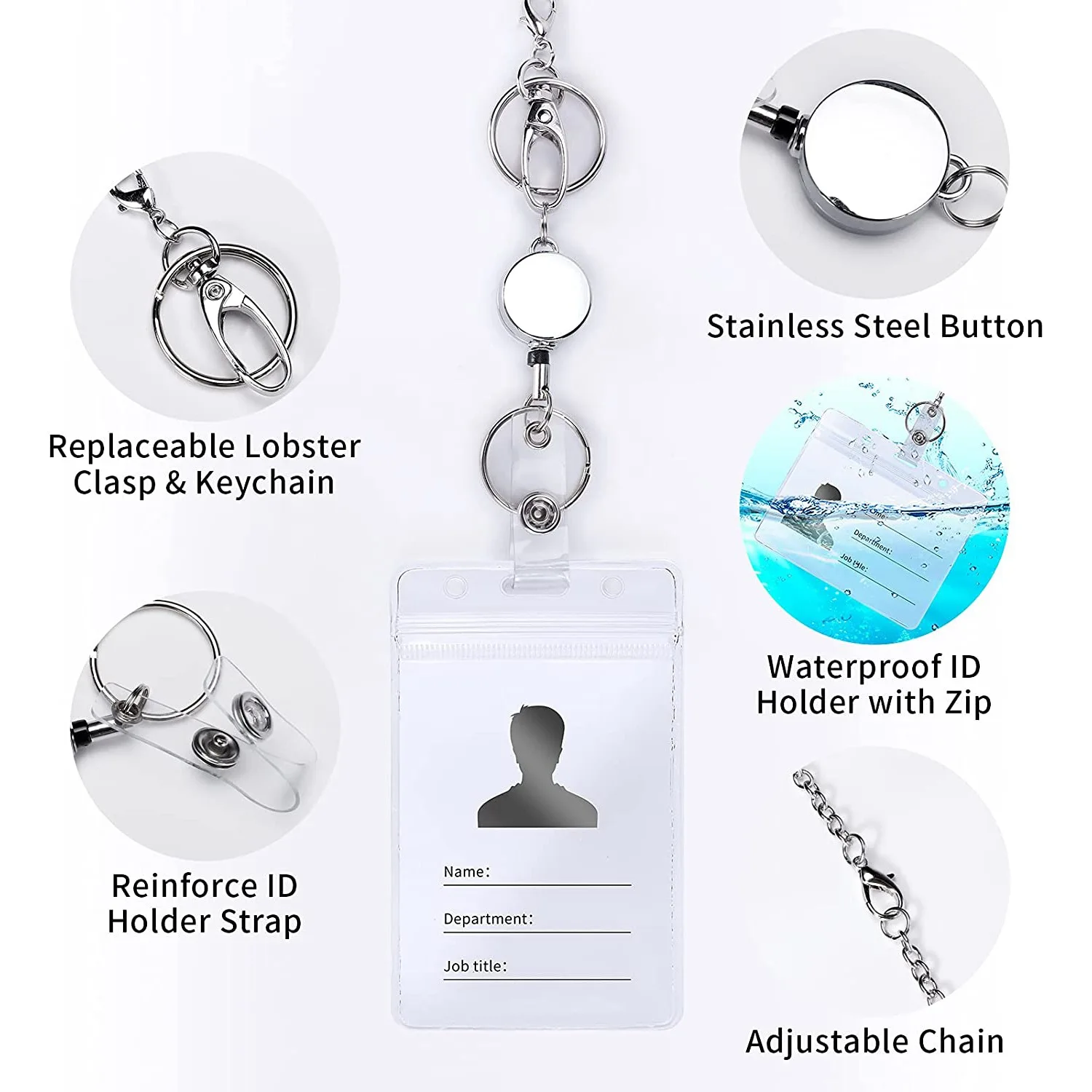 3 Pcs Retractable Badge Reels Lanyard with Name Card ID Holder for Beaded Badge Lanyard Necklace