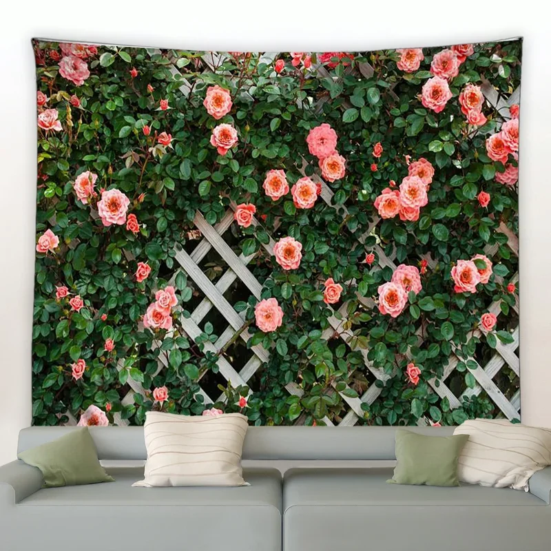 Spring Butterfly Flowers Tapestry Retro Wooden Fence Nature Pink Rose Plants Flower Wall Hanging Garden Home Decor Stage Cloth