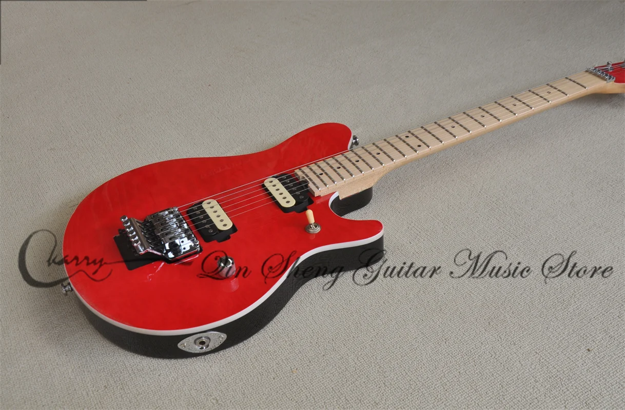 Orange Red Electric Guitar Basswood Body Squilted Maple Top Tremolo Bridge Maple Neck HH Pickups