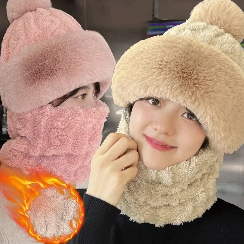 2-in-1 الشتاء وشاح مجموعة مقنعين قبعة المرأة سميكة أفخم الرقبة الدافئة في الهواء الطلق التزلج قبعات يندبروف قبعة أفخم رقيق بيني