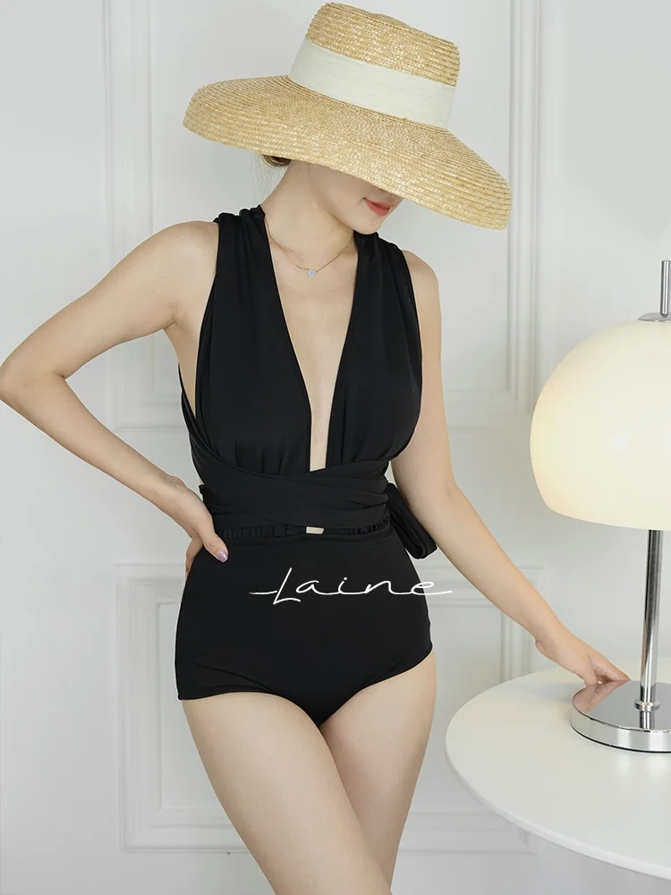 

Vacation Style Cross Tie Back Swimsuit Black Slimming Women's Swimwear UU 2026 New Deep V Sexy Retro Style