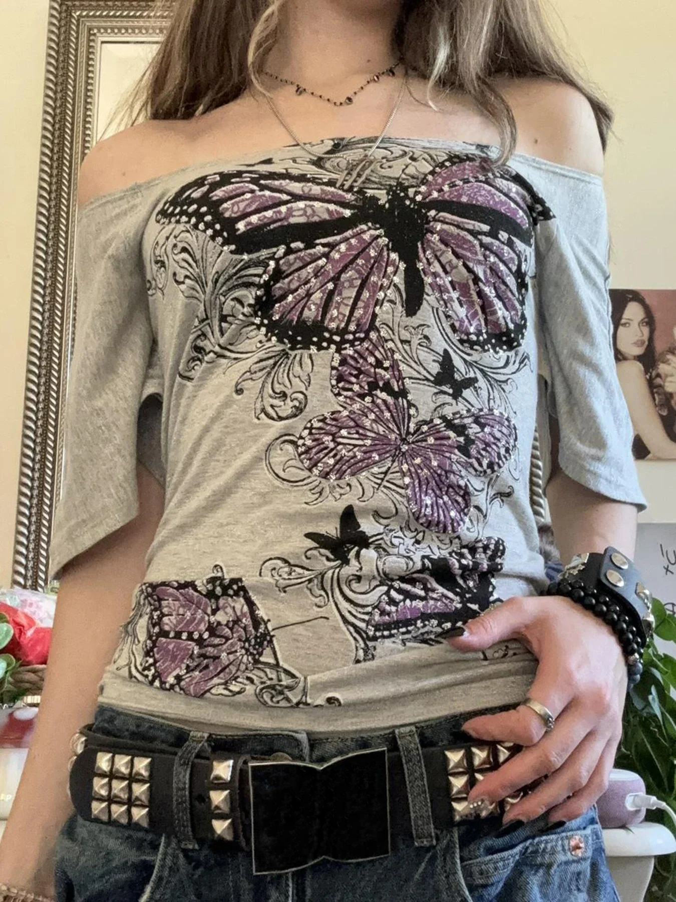

FDEY Butterfly Print Slash Neck T-shirt Fold Loose 2000s Basic Y2k Elastic Streetwear Clothes Fashion Vintage Outfits