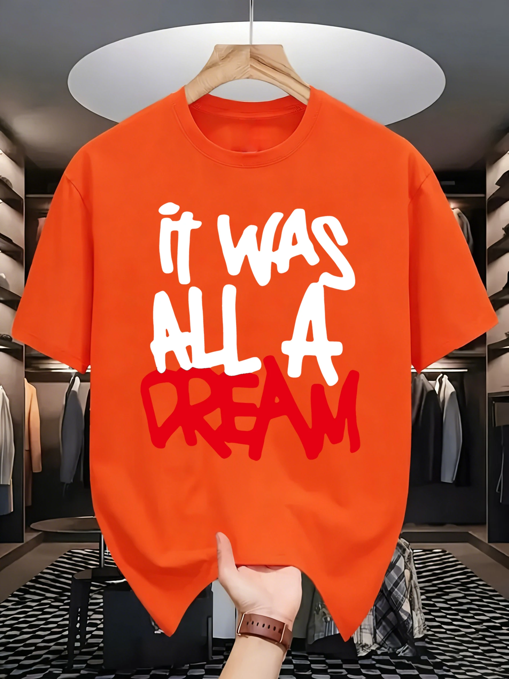 It Was All A Dream Red Letter Print T-Shirt Mens Cotton T Shirts O-Neck Summer Basics Clothes Casual Trendy Short Sleeve