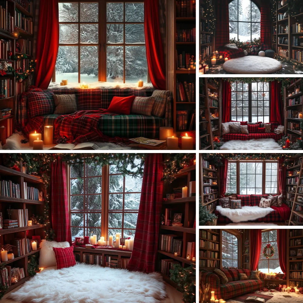 

Photography BackgroundBookshelf Christmas Retro Interior Window Gifts Xmas Tree Kids Family Portrait Decor Backdrop Photo Studio