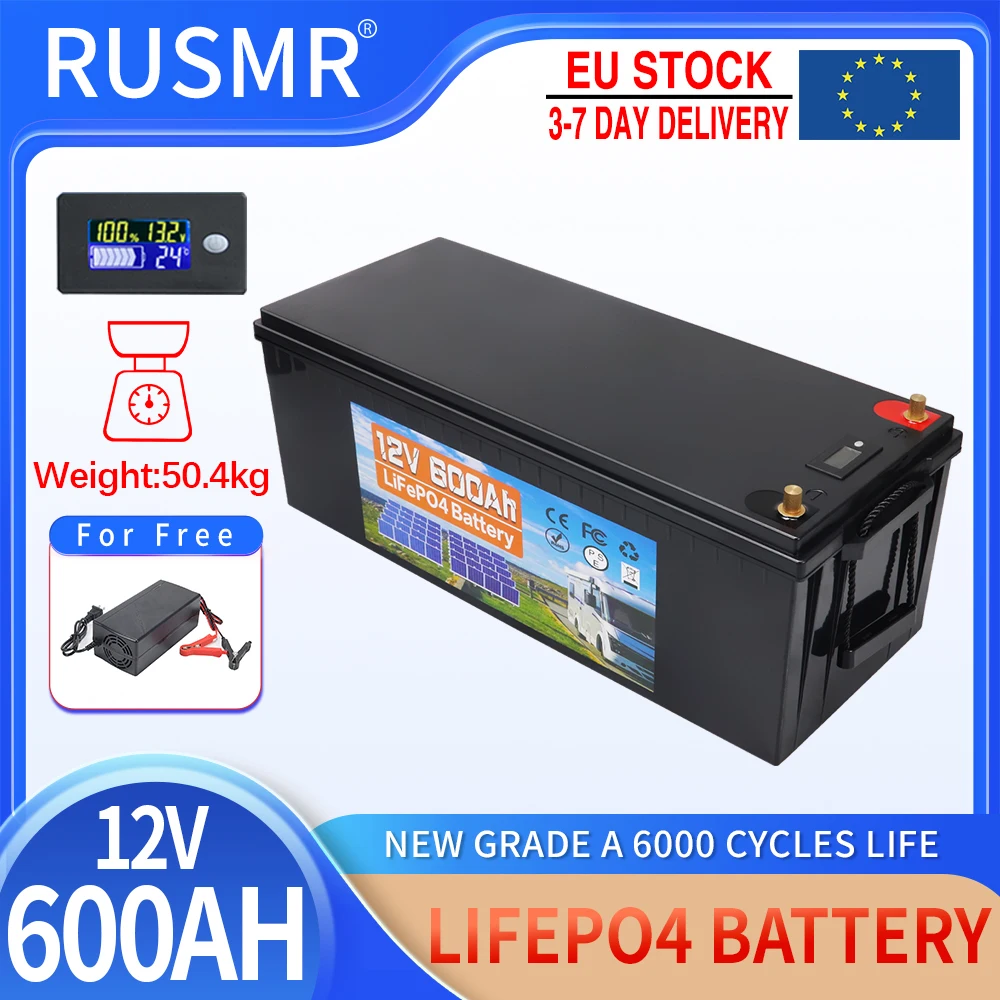 12V LiFePO4 Battery Pack 600Ah 500Ah Lithium Iron Phosphate Portable Rechargeable Battery Built in BMS Grade A Battery for Power