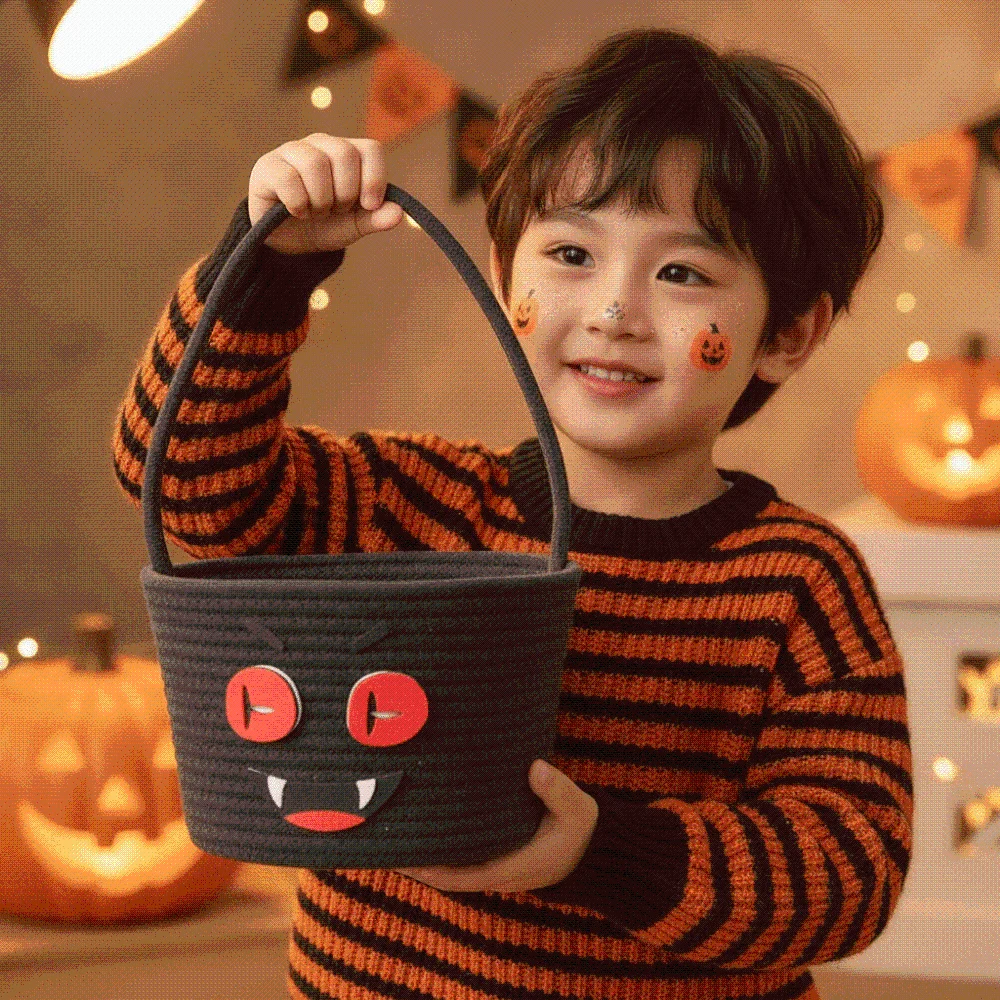 Cotton Pumpkin Candy Bucket Braided Portable Trick Treat Tote Eco-friendly Spacious Woven Storage Pouch Classroom