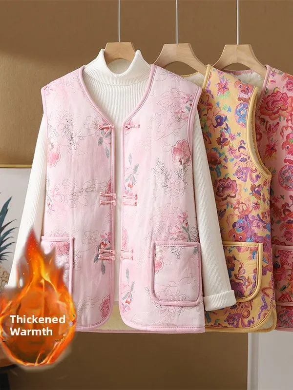 

Новый китайский жилет с цветочным принтом, женский зимний жилет в стиле ретро с воротником в стиле дзен, теплый топ на пуговицах, круглый топ для поездок на работу