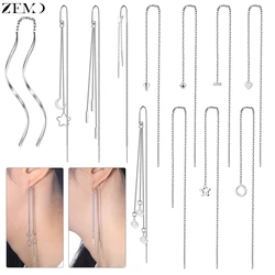 ZEMO 1 PC 20G Long Tassel Stainless Steel Dangle Earrings Silver Color Drop Earring Geometric Cuboid Cylinder Ear Lines 60/120MM