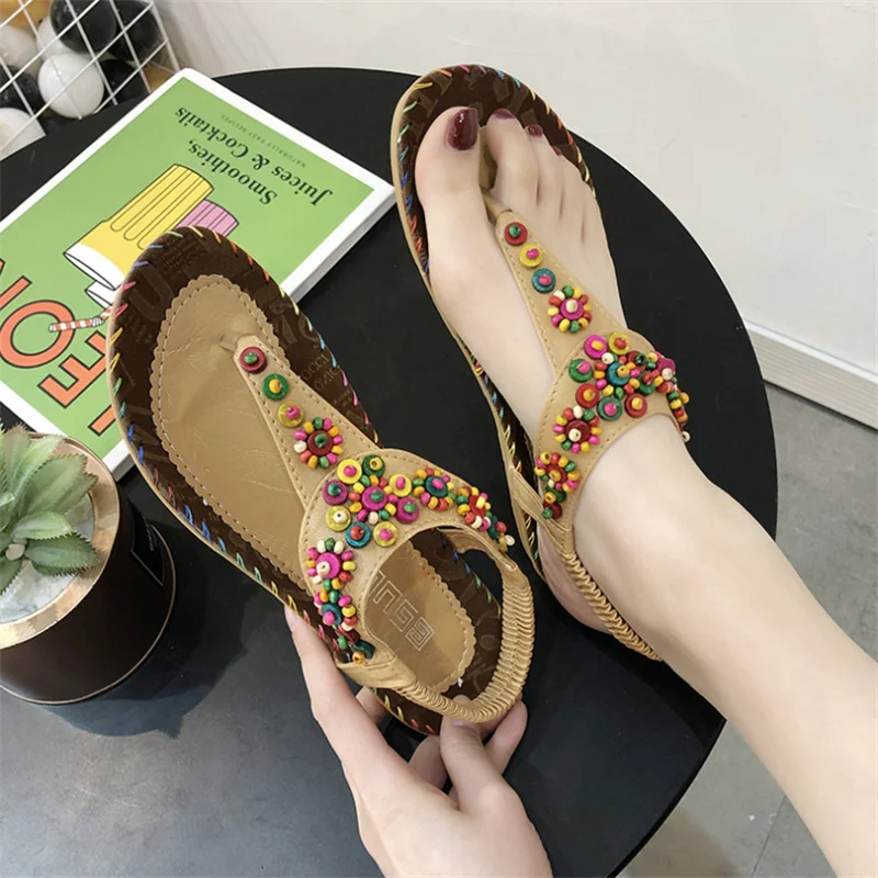 

Сандалии женские с бисером, богемный стиль, модные удобные цветные босоножки, плоская подошва, летняя обувь