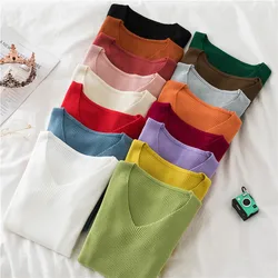 Korean Slim-Fit Solid Color Woolen Sweater 2020 Winter Autumn New Women's ELegant V-neck Long-Sleeved knit Pullover Fashion