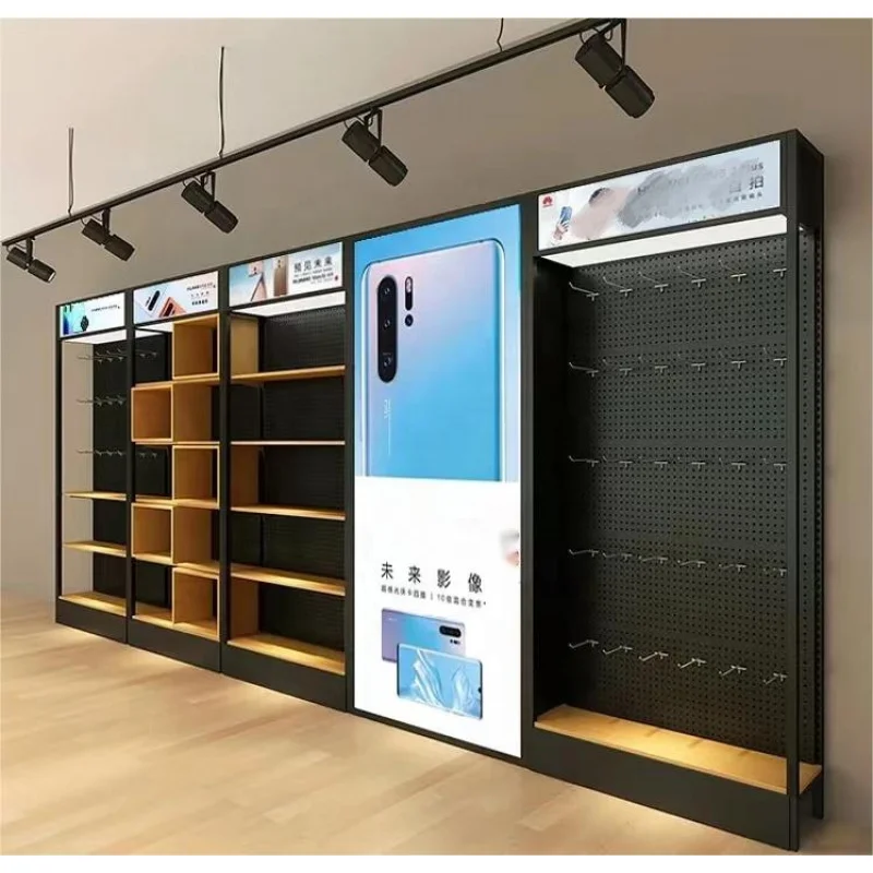 custom.Mobile Phone Accessories Display Cabinet Mobile Electronic Parts Steel Wood Shelf Display Stand Commercial Shelves Storag