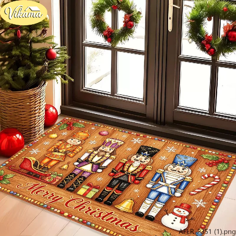 VIKAMA Christmas Nutcracker Doormat Snowflake Decorated Ball Bell Welcome Rug Non Slip Entry Mat Washable Festive Home Decor