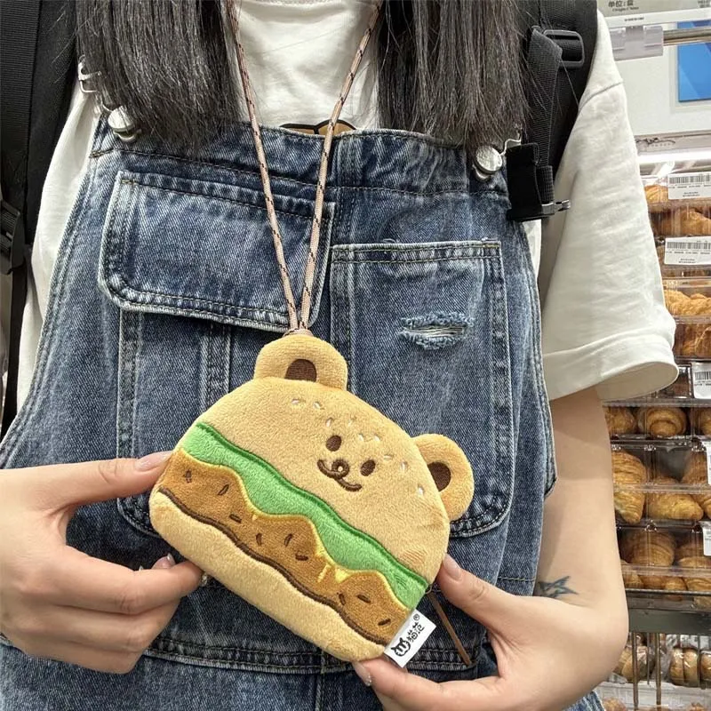Cute hamburger Little Bear Plush Neck Hanging Wallet Cute and Funny Cartoon CCD Earphone Storage Bag Gift