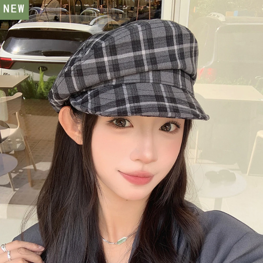 HT4425 Women Berets Vintage Flat Top Army Captain Cap Retro Plaid Artist Painter Beret Hat Ladies Spring Autumn Caps for Women image 2