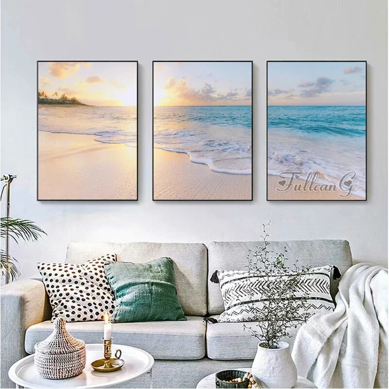 FULLCANG Natural Scenery of Calm Sea Diamond Painting 3 Piece Diy Mosaic Embroidery Handmade Art Waves Sunrise Home Decor FG1604