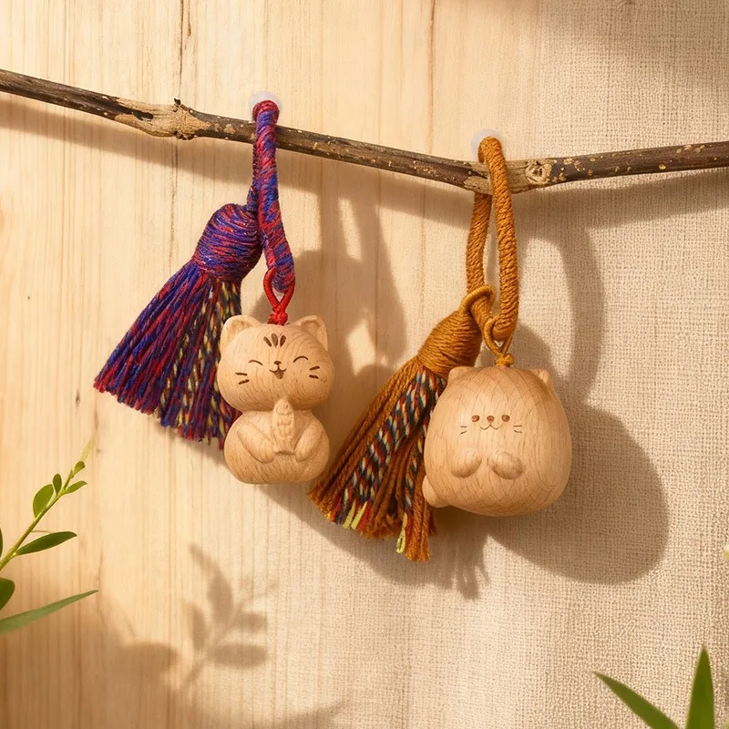 

Cute Lazy Lucky Cat Keychain Pendant Blessing Cat Wood Carving Handmade Ornament Wooden Animal Decorative Bag Charm For Present