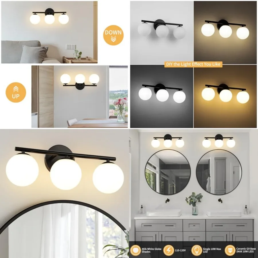 

Globe Bathroom Light Fixtures 3-Light Vanity Light with Plastic Milk White Globe Shades 11.81 inch Wall Sconce Lighting Over Mi