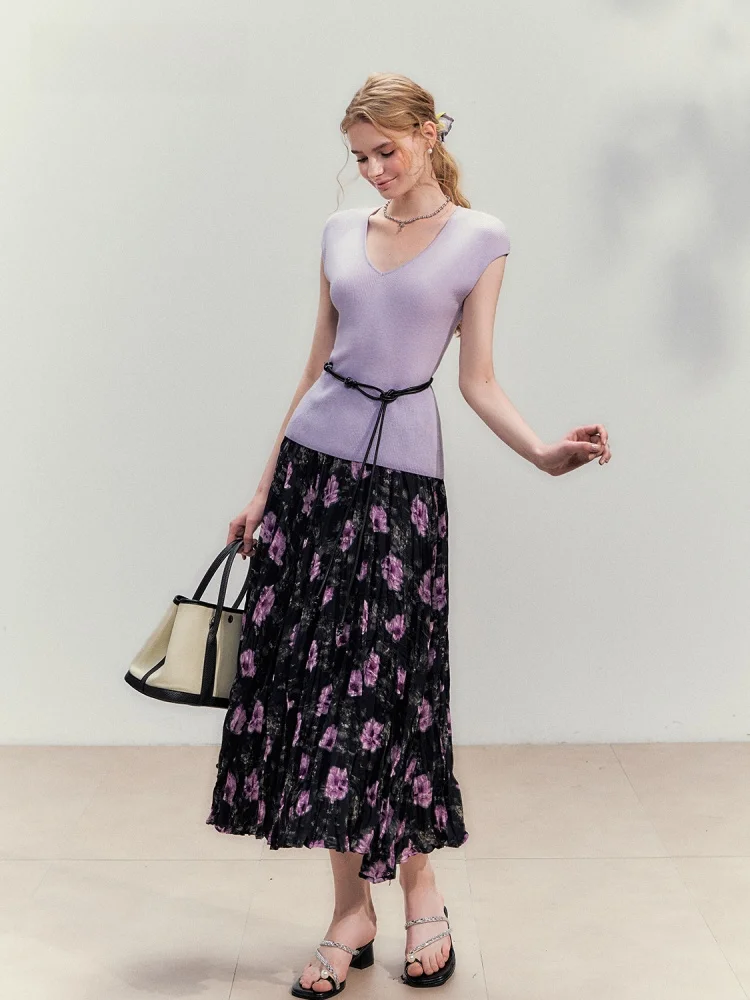 

Elegant Summer Women's Purple Silk Knitted Top And Pleated Skirt Set Short Sleeve V-Neck Ice Sensation Skin-Friendly Two-Piec...