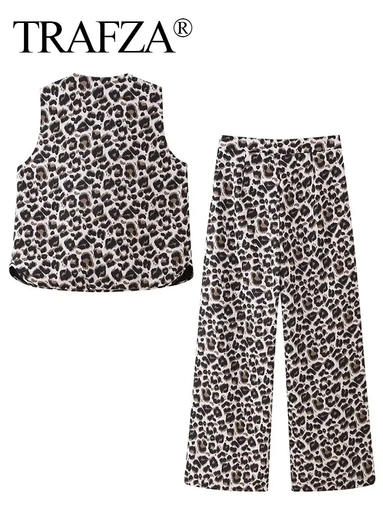 TRAFZA Women Vintage Leopard Print Pant Suit Bow Tie V Neck Sleeveless Vest Top Coat + Losse Trousers Spring Streetwear Sets