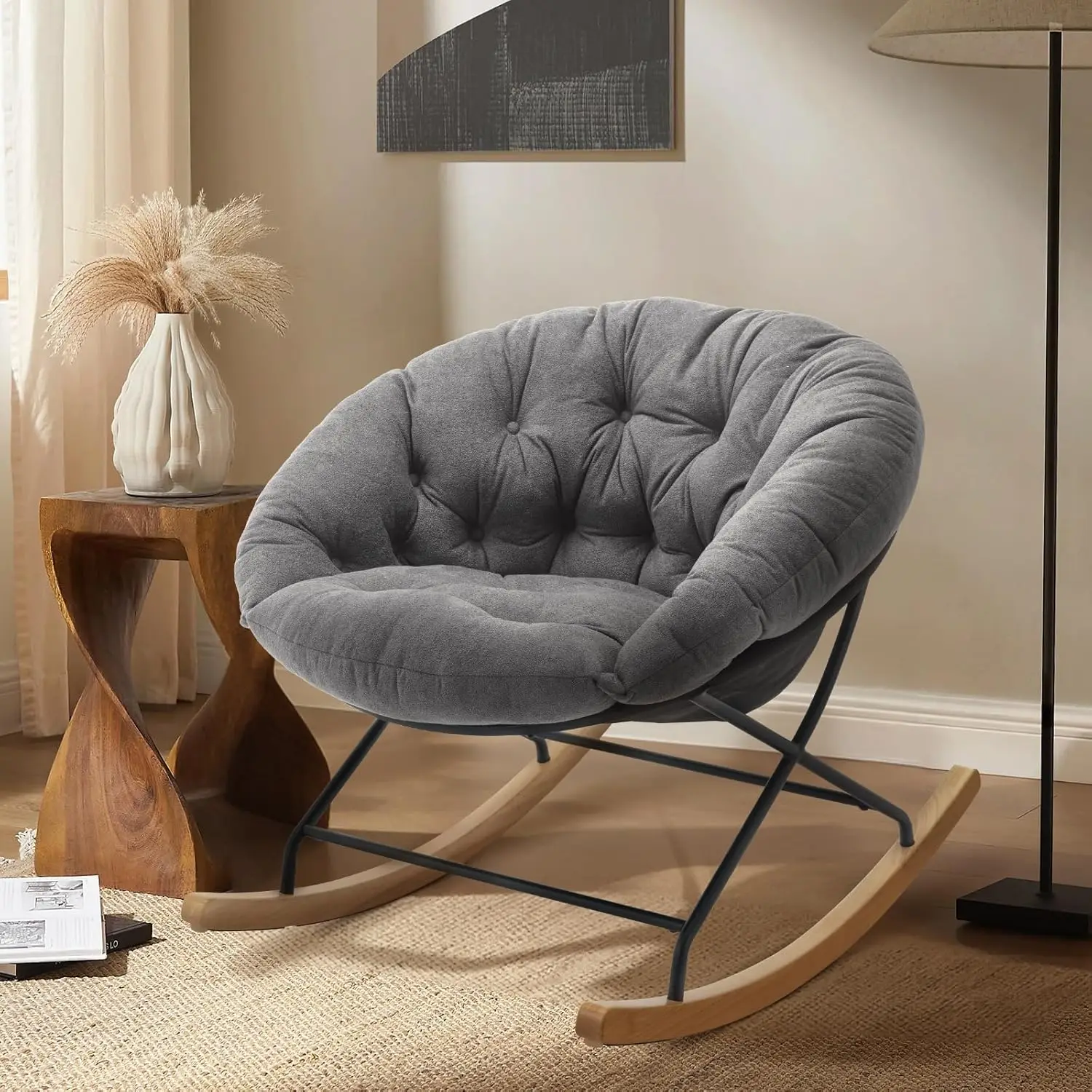 

Rocking Chair Nursery, Upholstered Glider Rocker Accent Chair Saucer Armchair with Comfy Cushions, Wood Base and Metal Legs