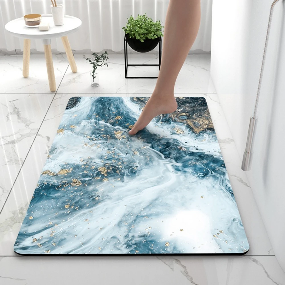 Black White Crack Marble Print Bath Mat Quick Dry Shower Rug Natural Rock Vein Minimal Graphic For Restroom Anti Slip Pad