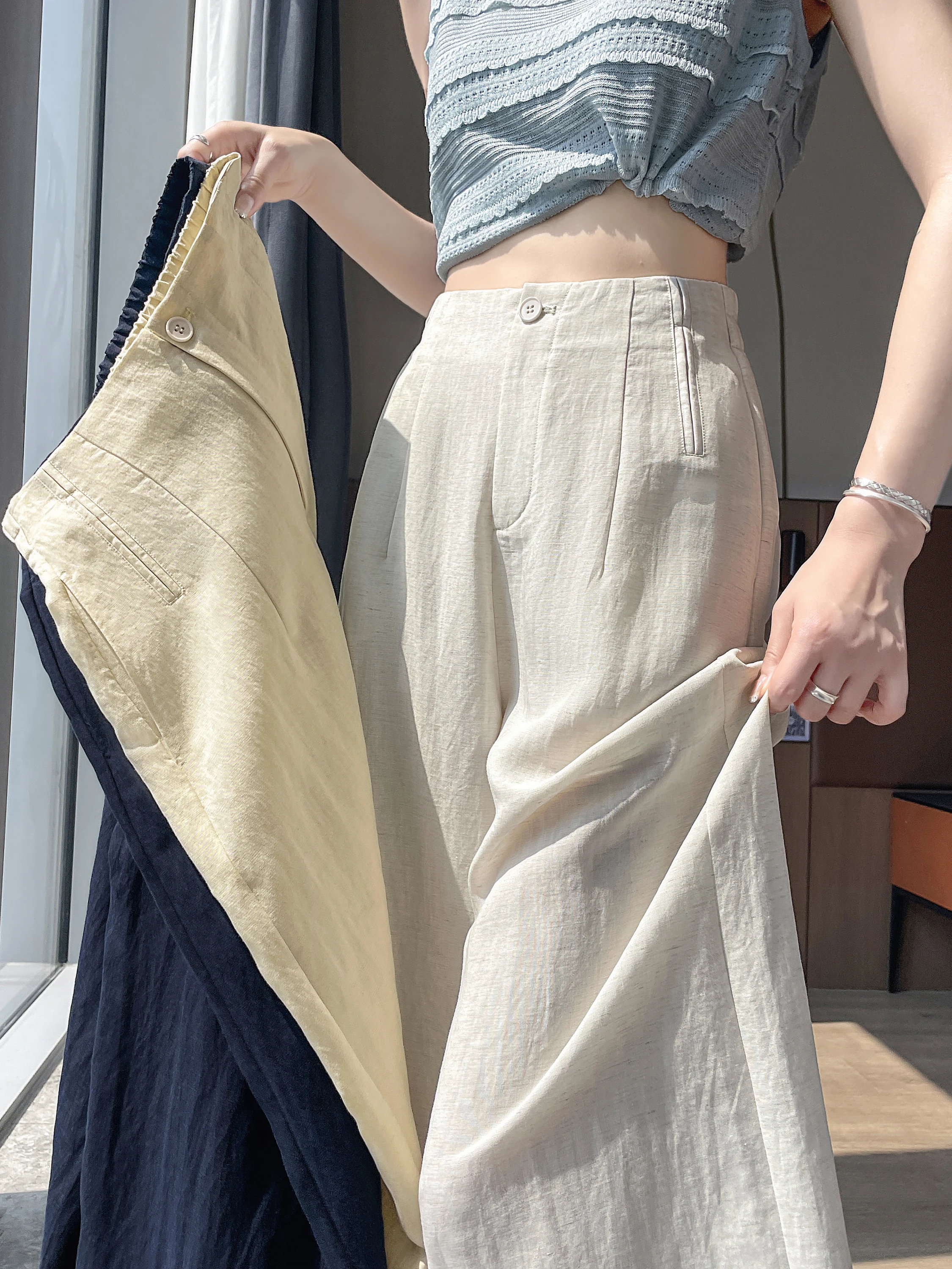 

Summer Thin Casual Wide Leg Pants Linen Straight Cut Drapey High Waist Ice Silk Wide Leg Pants Versatile for Women