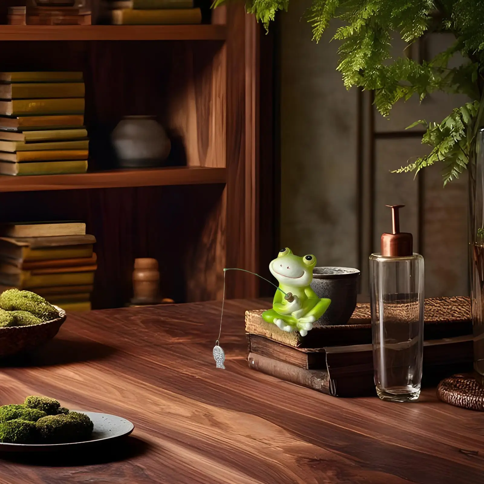 Статуя лягушки из смолы, забавные рыболовные прицелы, скульптура, милые миниатюрные статуи, фигурки, украшения для заднего двора, снаружи, книжная полка