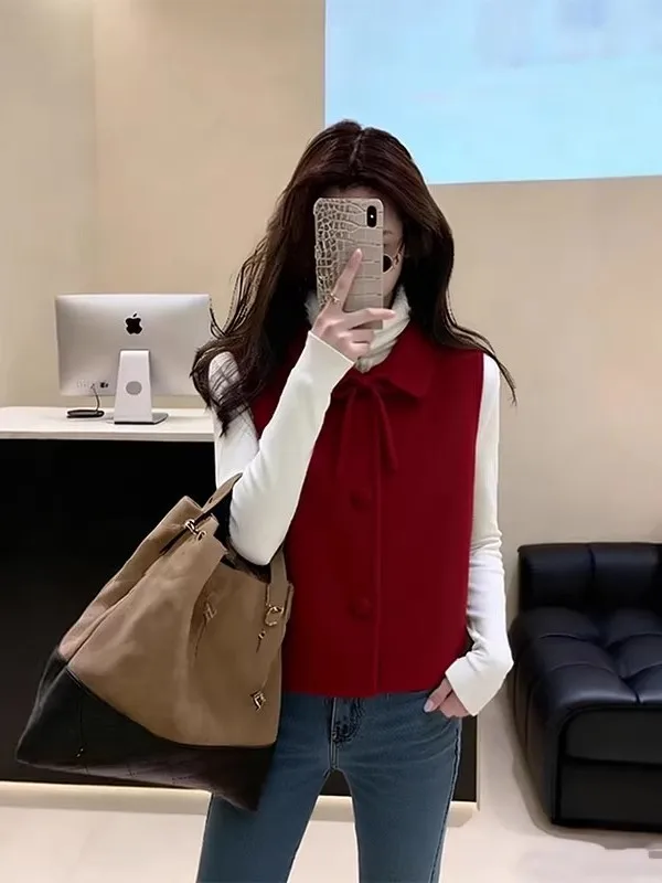 

Красный новогодний шерстяной жилет, женский осенне-зимний многослойный топ на одной пуговице, уникальный красивый топ без рукавов, моющийся...