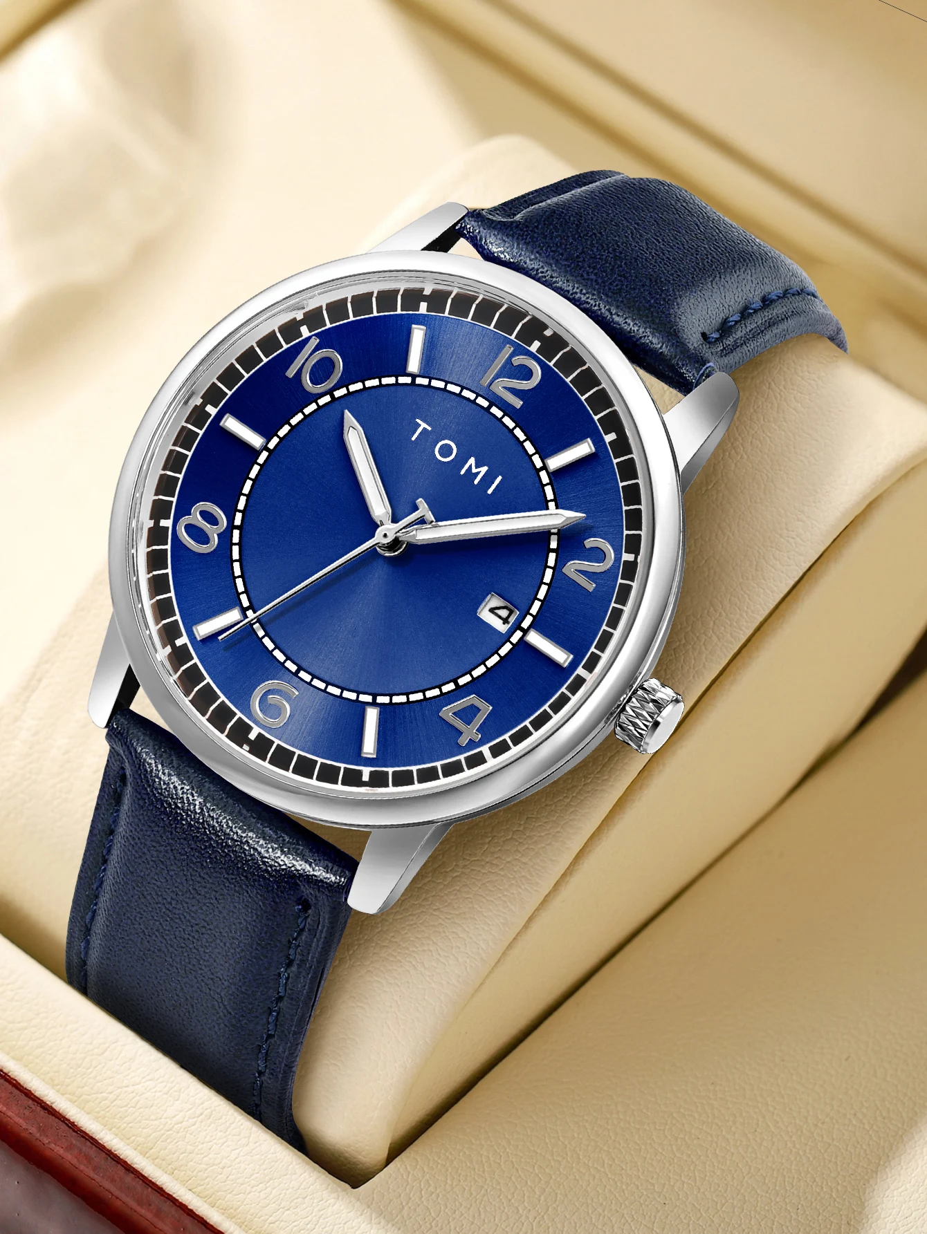 TOMI Simple men's watch business leisure quartz watch round leather strap calendar watch men's wristwatch