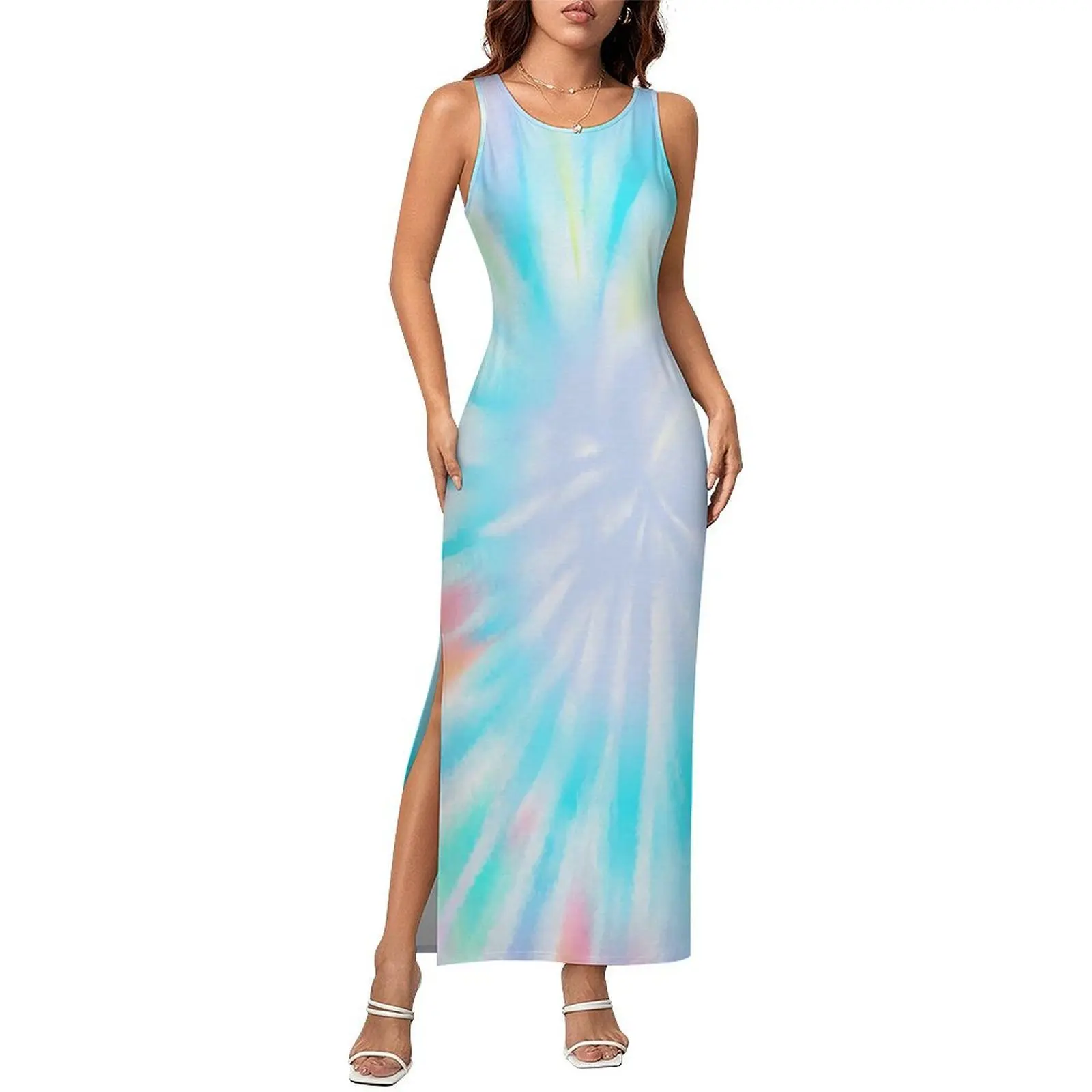 Vestido de mujer con estampado tie-dye degradado, estampado hippie colorido, vestido ajustado de moda Y2K, vestidos maxi kawaii para vacaciones, ropa gráfica de talla grande.