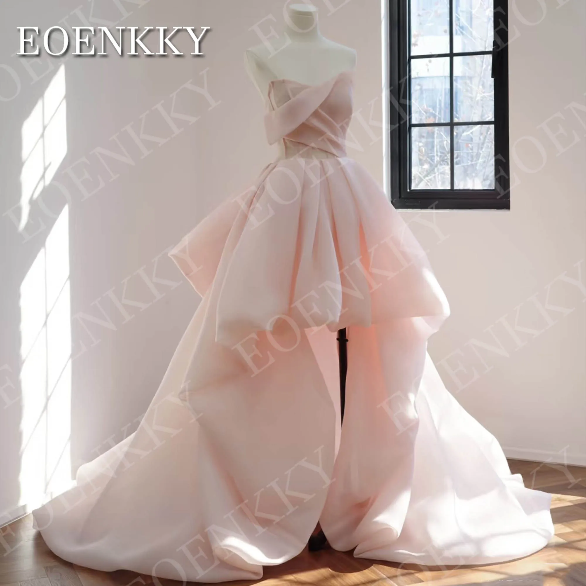 

EOENKKY Pink High Low Prom Dress Woman Elegant Strapless Organza V Neck Formal Evening Party Dresses Customized выпускное платье
