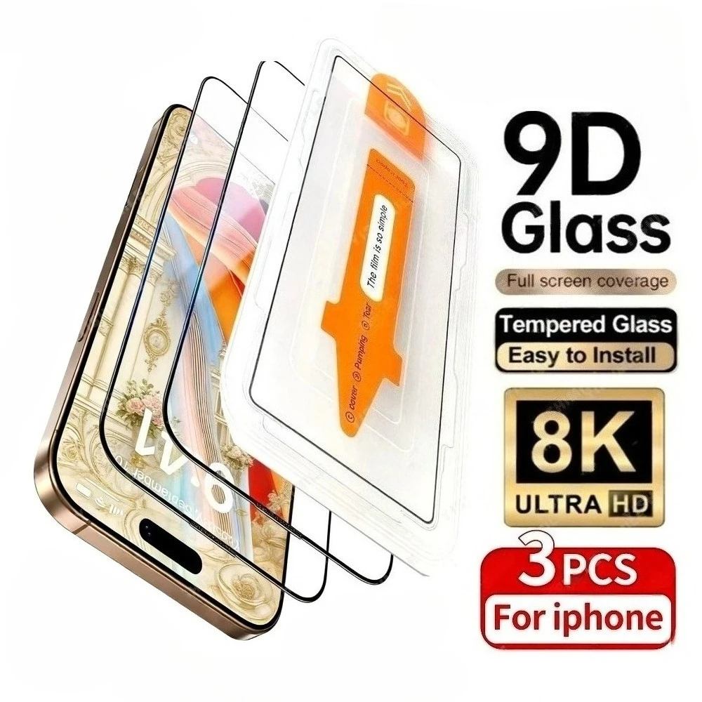 Комплект из 3 ультрапрозрачных защитных стекол для iPhone 17/16/15/14/Pro Max/11/12/13/Pro/17e/16e/15/14/Plus с установкой в один клик