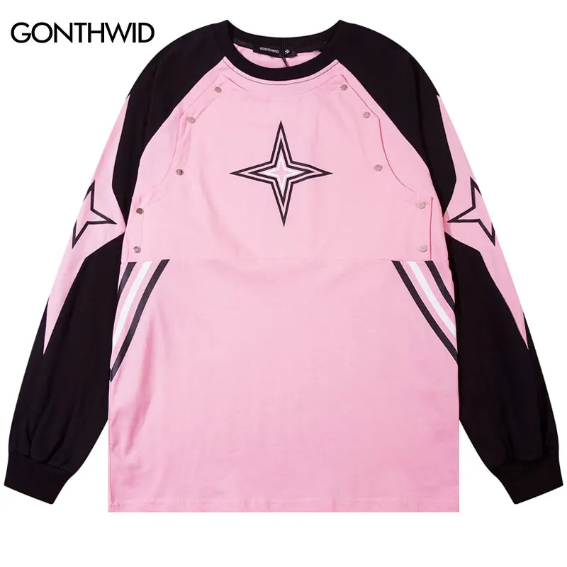 Men Sports Oversize T-Shirts Y2K Streetwear Hip Hop Star Print Patchwork Long Sleeve Cotton Tshirt Harajuku Loose Cotton Tops