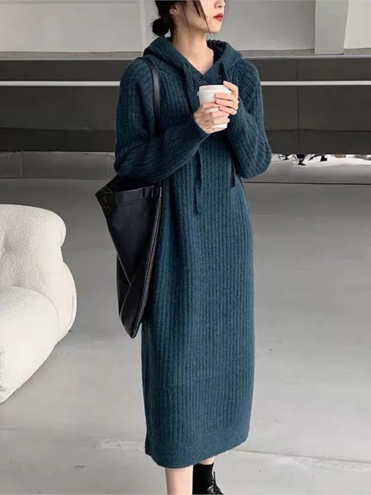 2025 Thickened Hooded Knitted Dress Long Straight Loose Casual Base Shirt Spring Autumn Winter Full Sleeve Ankle Length Dress