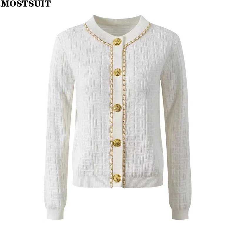 

Stylish Jacquard Knit Sweater Cardigan Women Autumn Winter Long Sleeve O-neck Gold Chain Knitwear Tops Vintage Elegant Jumpers