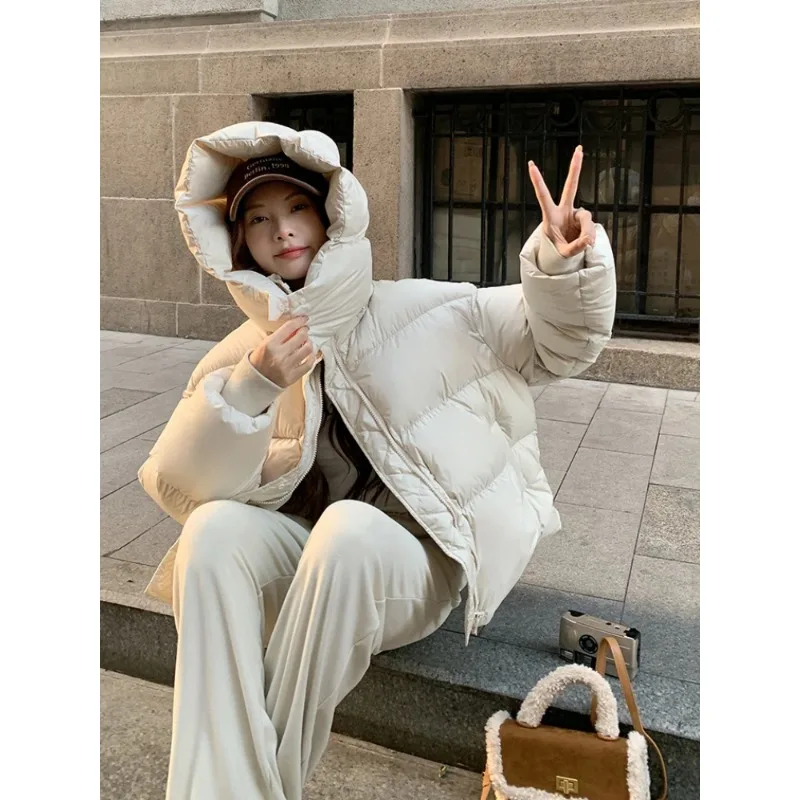 

Утолщенный пуховик 2025, новый зимний высококачественный модный пуховый костюм с капюшоном, свободный однотонный женский пуховик