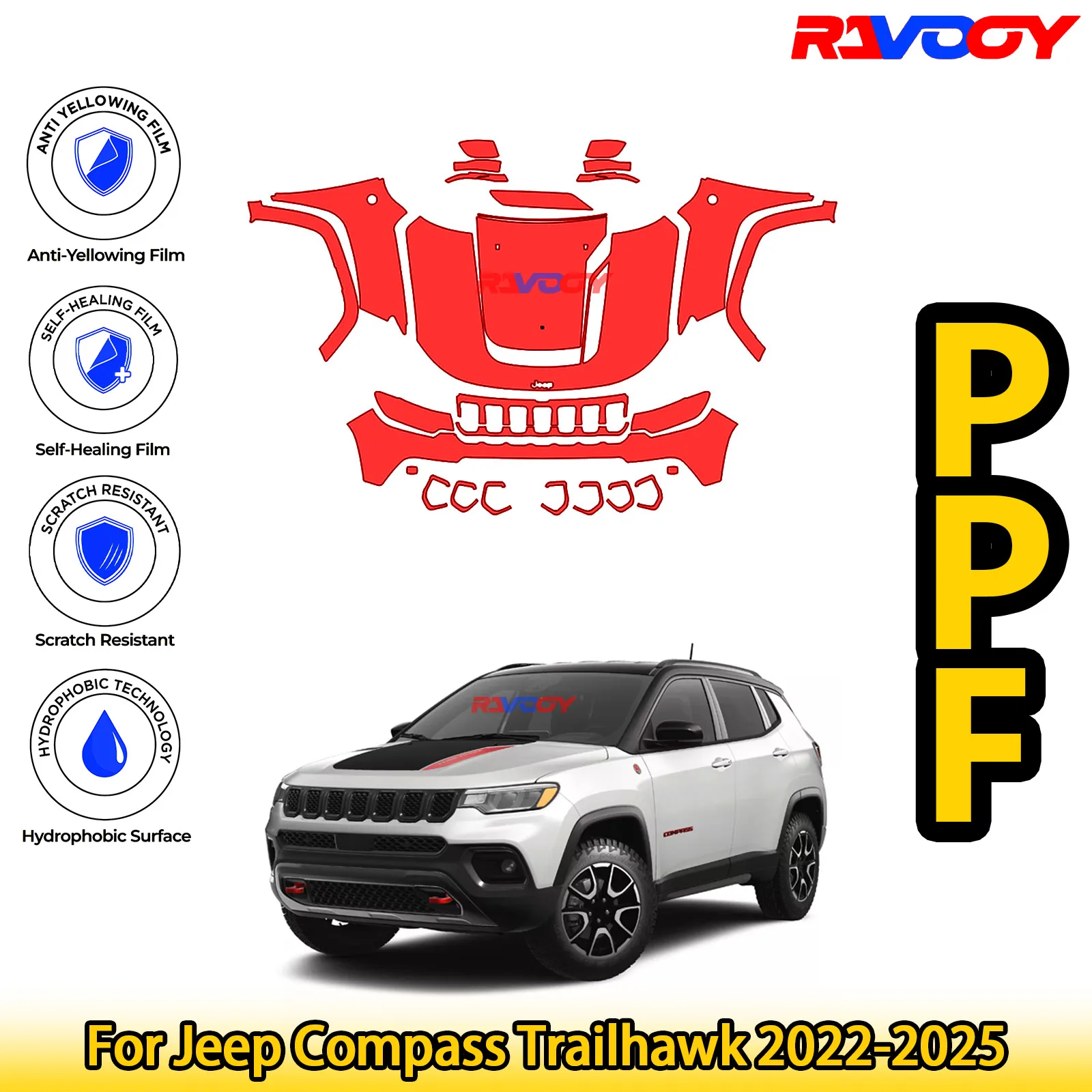 

Для Jeep Compass Trailhawk 2022-2025, глянцевая матовая черная предварительно вырезанная передняя пленка PPF, комплект защиты от краски