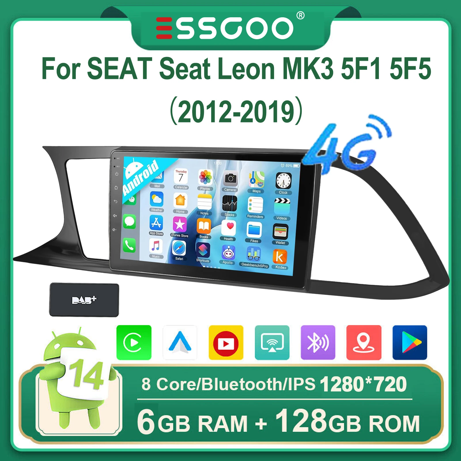 ESSGOO 6+128G 8-CORE Draadloze Apple Carplay Android Auto Voor SEAT Leon MK3 5F1 5F5 2012-2019 Android 15 9 Inch QLED Touchscreen Autoradio GPS Navigatie 4G WIFI SWC RDS Spiegelkoppeling FM/AM