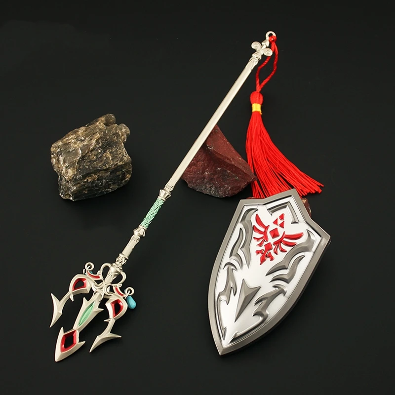 22cm The Hyrule Fantasy Zelda Keychain Weapon Lightscale Trident Metal Pendant Keychains Anime Game Periphery Festival Gifts Toy