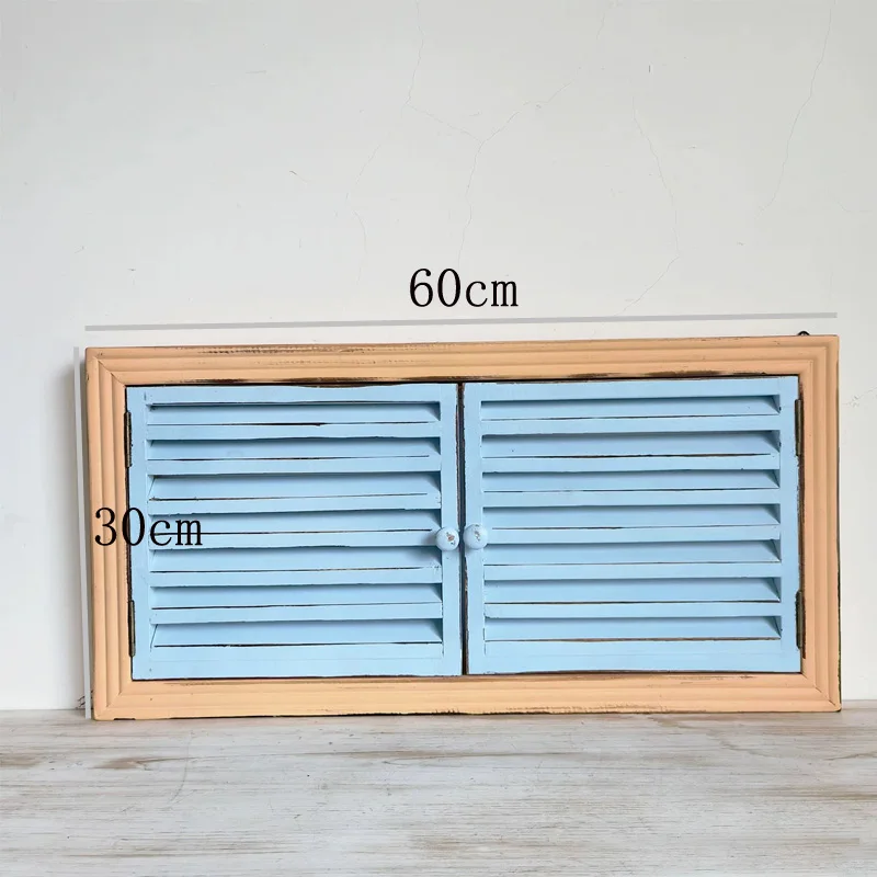 Rustic Wooden Wall Decor Window with Blue Shutter Doors, Vintage Distressed Style, 60x30cm
