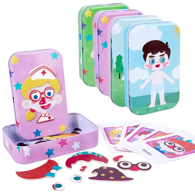 Quebra-cabeça 3d magnético crianças vestir-se expressão viagem caixa de lata jogo educação precoce imaginação brinquedos presentes para meninas